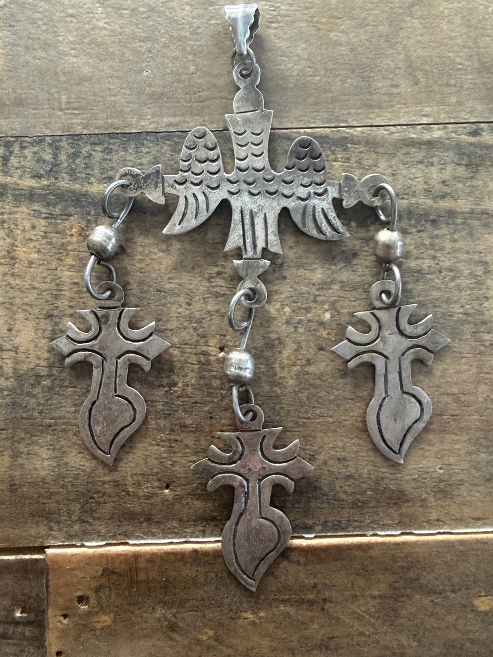 Vintage Sterling Silver Handmade Stamped Bird Cross Pendant